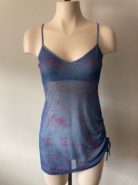 Y2K Vintage La Senza Ruched Sheer Lingerie Mesh Funky Rock N Roll Print Mcbling